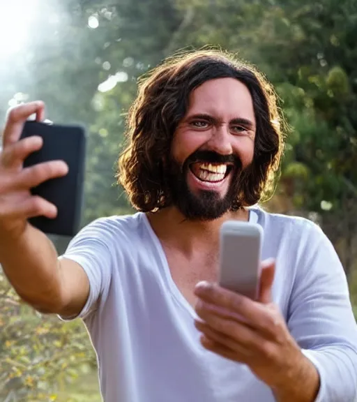 Image similar to Jesus taking a selfie. He is laughing because see a meme.no letters, Professional photo