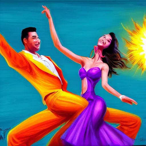 Prompt: The sun is exploding while Latino Cubans Dancers Salsa Dancing by Stanley Artgerm Lau, sun exploding on the background, Gesture draw, Salsa Social Dance, couple, lady using yellow dress, guy using the purple fancy suit, Salsa tricks, explosive background, WLOP, Rossdraws, Gesture draw, James Jean, Andrei Riabovitchev, Marc Simonetti, and Sakimichan, trending on artstation