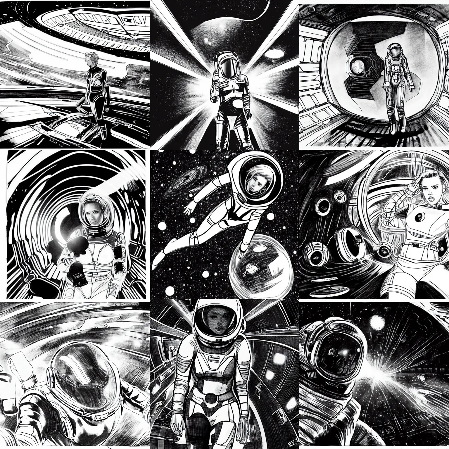 Prompt: scarlett johansson in spacesuit inside an huge alien mothership interior, black and white, dynamic angle, pencil and ink manga, ridley scott, dramatic lighting