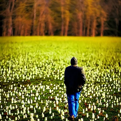 Image similar to “8k photograph man walking through field of mushrooms. National Geographic.”