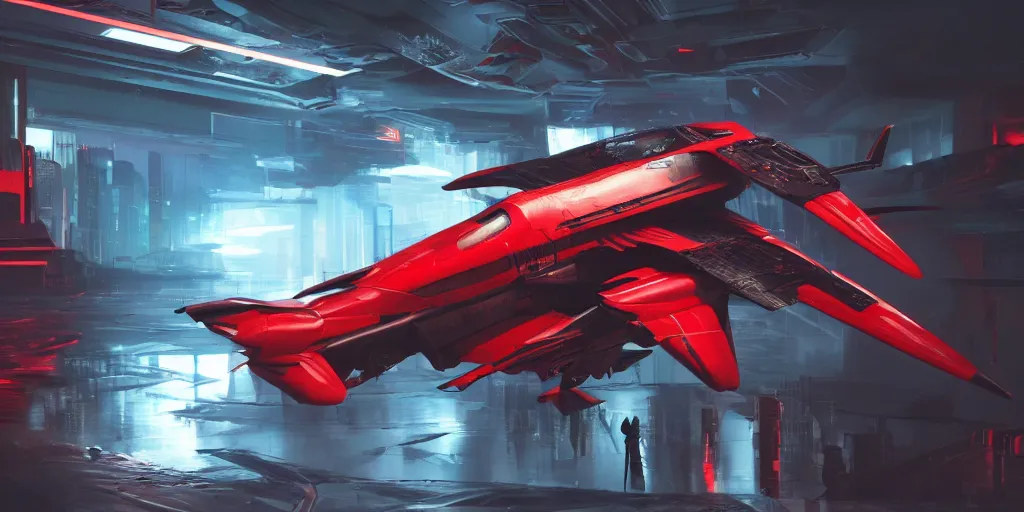 Image similar to cyberpunk concept inspired jet, futuristic look, highly detailed body, aerodynamic body, photorealistic camera shot, bright studio setting, studio lighting, crisp quality and light reflections, unreal engine 5 quality render, red and black tones, shooting
