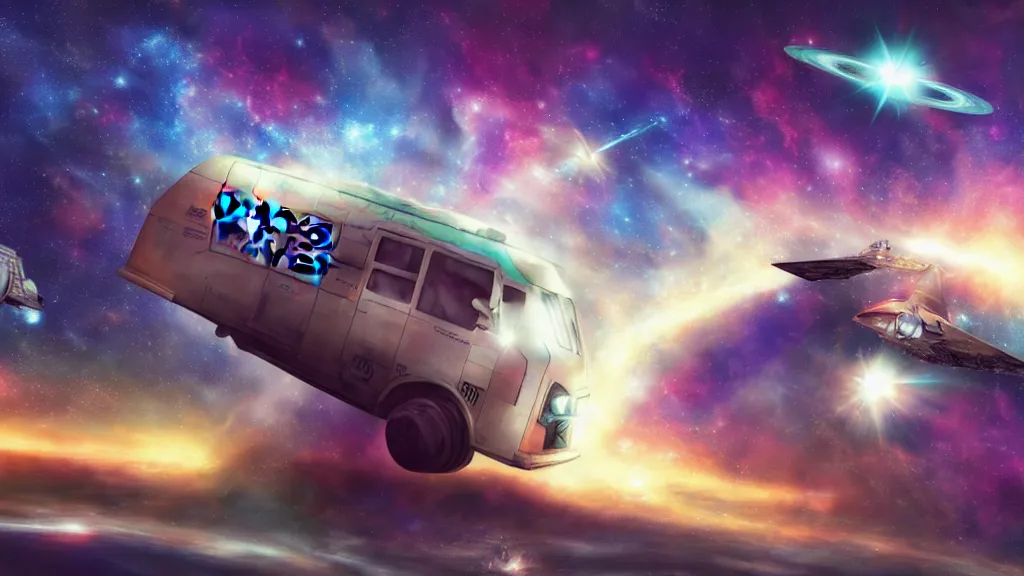 Image similar to a photorealistic concept art painting of a space van flying in front of a nebula, metal with graffiti on the side, star wars, 4 k hd wallpaper, premium prints available, hyper realistic, trending on artstation