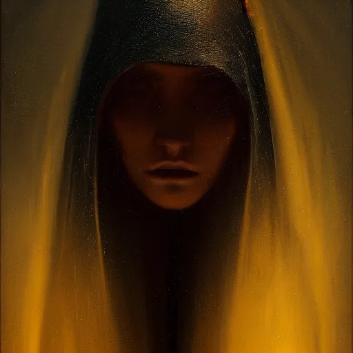 Image similar to a portrait of a young woman wearing a long dark cloak, hood and shadows covering face, anatomically correct, beautiful perfect face, enigmatic, oil painting, matte painting, black background, Volumetric Golden dappled dynamic lighting, Highly Detailed, Cinematic Lighting, Unreal Engine, 8k, HD, by Beksinski