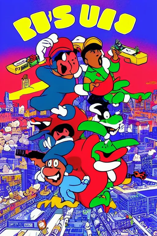 Prompt: rush hour ( 1 9 9 8 ) movie poster in the style of yoshi's island ( 1 9 9 5 ) snes cover art