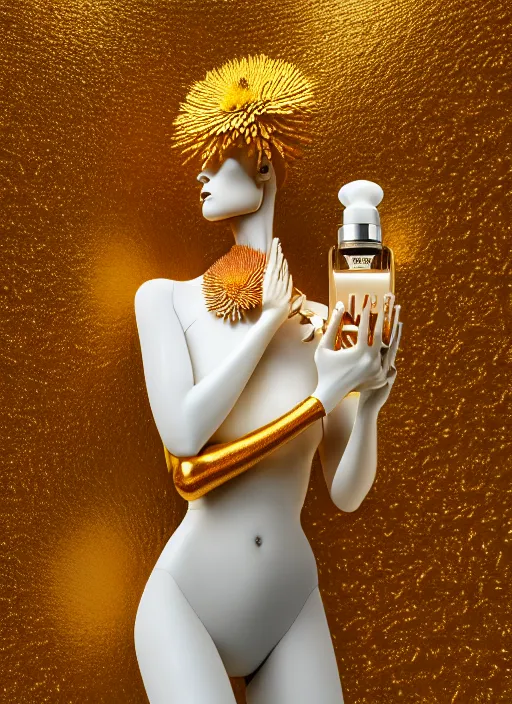 Prompt: mannequin carrying perfume bottle, biomechanical gold corals daisies rhizomorphs in an ivory room well contoured smooth fair walls, up close shot, sharp focus, global illumination, radiant light, alexandre ferra white mecha, irakli nadar, octane highly render, 4 k, ultra hd,