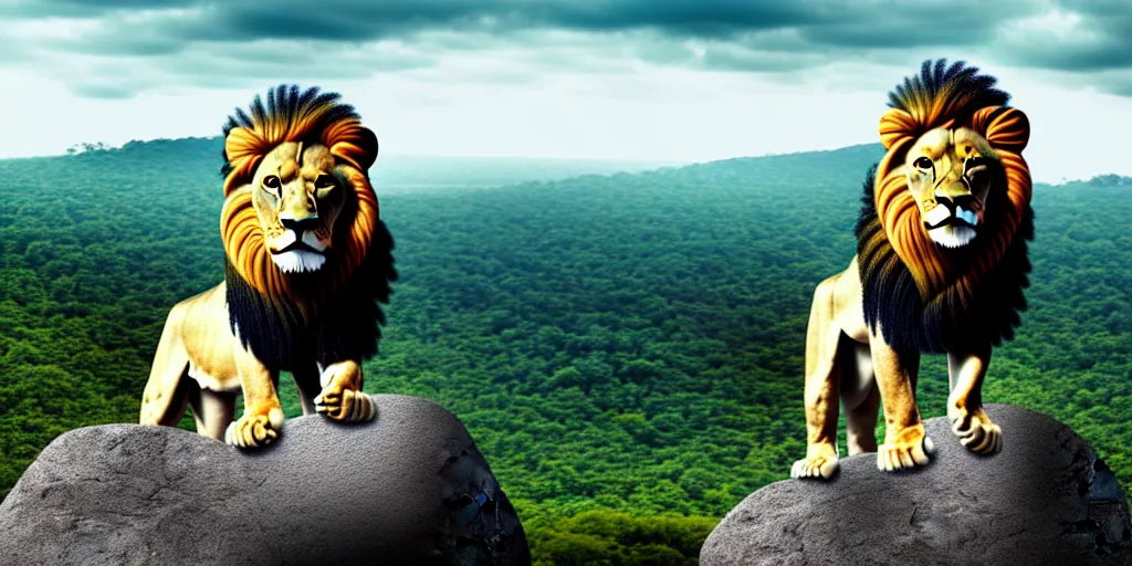 Image similar to hyperrealistic photo of a lion roaring on top of a rock over looking the jungle, 8 k