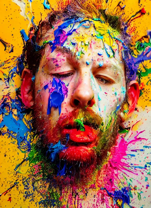 Image similar to abstract expressionist mid shot portrait of a man made of very thick impasto paint and acrylic pour and coloured powder explosion and splashing paint and dripping paint and flying paint chunks, eyes closed or not visible, expressing strong emotions, art by antony micallef, motion blur, hyperrealistic, intricate art photography, anatomically correct, realistic crisp textures, 1 6 k