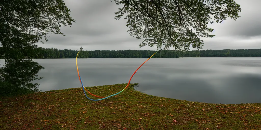 Image similar to centered colored photograph of a long rope snaking across the surface of the water, stretching out towards the center of the lake, a dark lake on a cloudy day, trees in the background, anamorphic lens