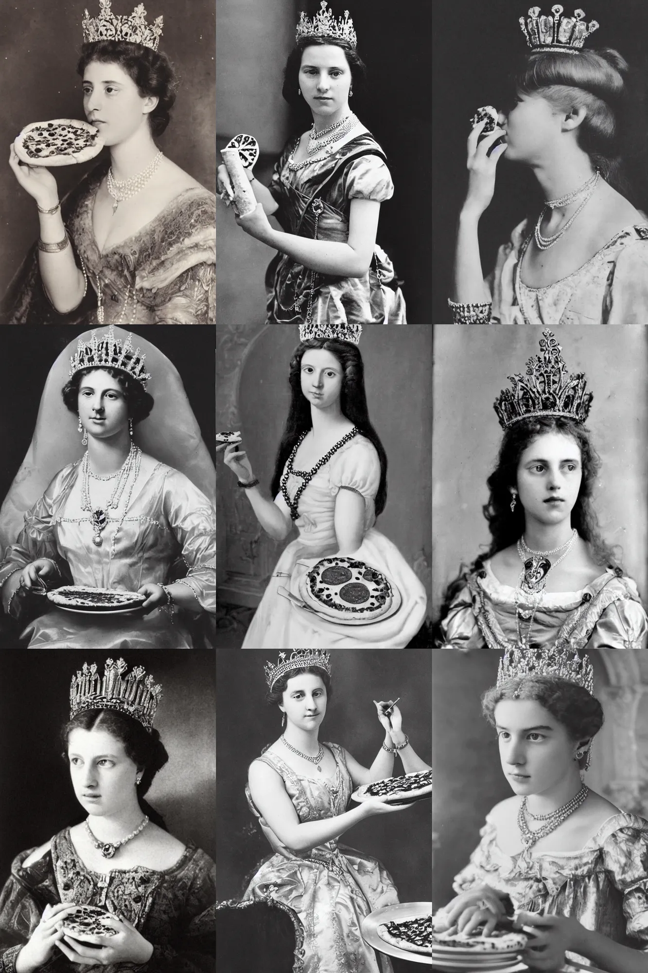 Prompt: a historical photo of young beautiful queen margherita of italy, eating a pizza margherita with her hands, intricate detailed tiara, pearl necklace, large cornicione, black and white photo, smooth lighting, masterpiece, perfect symmetry