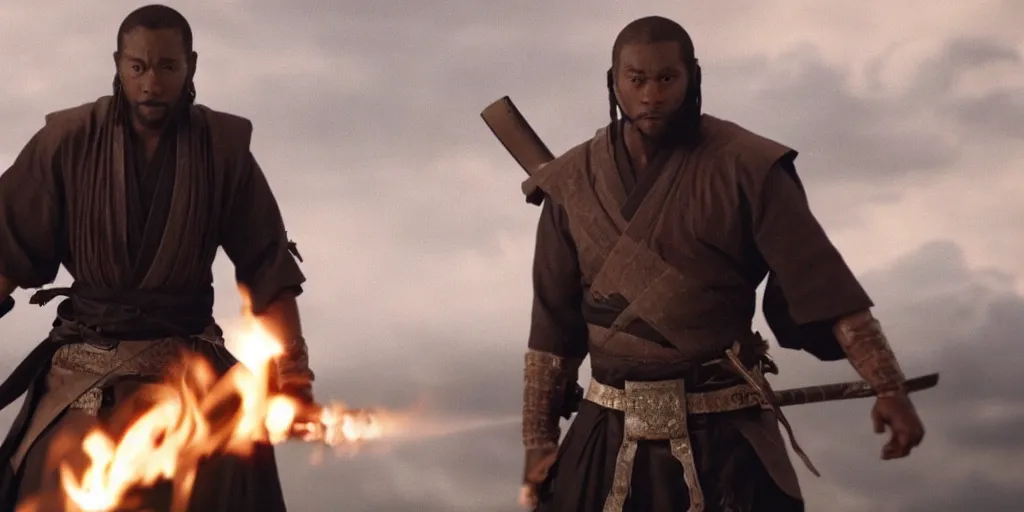 Prompt: a film still of a black man starring in a japanese blockbuster film as ancient evil samurai with fire powers, shallow depth of field, cinematic, award winning cgi, vfx, film still