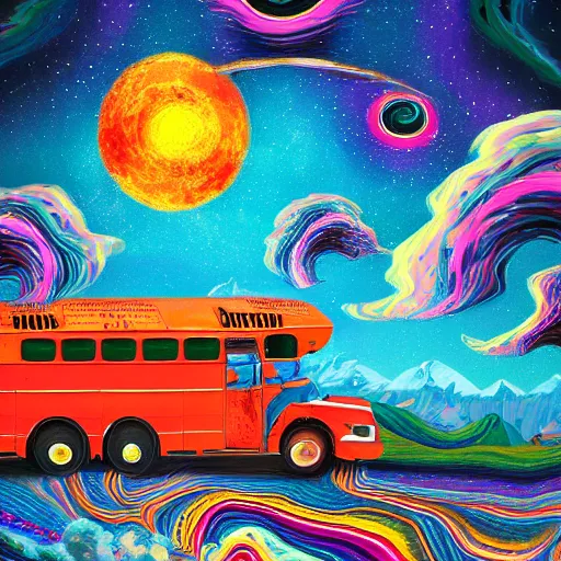 Prompt: long blond haired hippy drives school bus through psychedelic dreamscape skyscape detailed trippy trending on artstation colourful