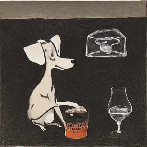 Image similar to a small black dog with big ears drinking beer by charles e. burchfield