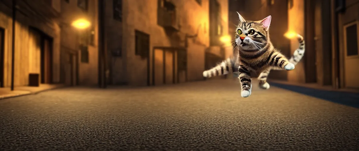 Image similar to hyperrealistic detailed 3d render of a cute tabby catman jumping on a dark city alley sharp cinematic lighting vray 8k low angle shallow depth of field