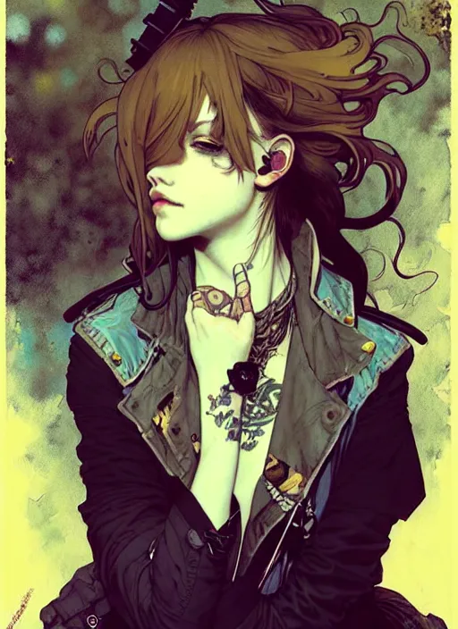 Image similar to highly detailed portrait of a moody sewerpunk young adult lady by krenz cushart, by artem demura, by alphonse mucha, by kaethe butcher, gradient yellow, black, brown and cyan color scheme, grunge aesthetic!!! ( ( graffiti tag city background ) )