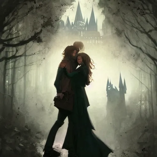 Image similar to harry potter and hermione hand in hand walking in hogwarts yard, elves around, lovely, lightly dark theme, harry potter theme, by greg rutkowski, trending on artstation