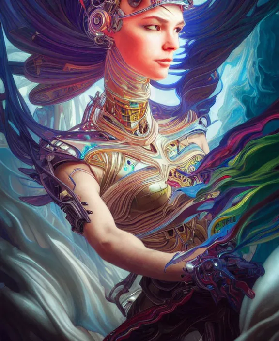 Image similar to whirlwind of souls rushing inside the metaverse, half body, tiara, tattoo, pharaoh, android, cyborg, cyberpunk face, by loish, d & d, fantasy, intricate, elegant, highly detailed, colorful, vivid color, digital painting, artstation, concept art, art by artgerm and greg rutkowski and alphonse mucha and ruan jia