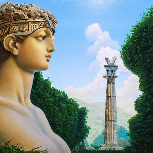 Image similar to beatiful young greek godess in steel helmet looking from a giant Zeus head, greek temple of olympus glory island little wood bridge painting of tower ivy plant in marble late afternoon light, wispy clouds in a blue sky, by frank lloyd wright and greg rutkowski and ruan jia