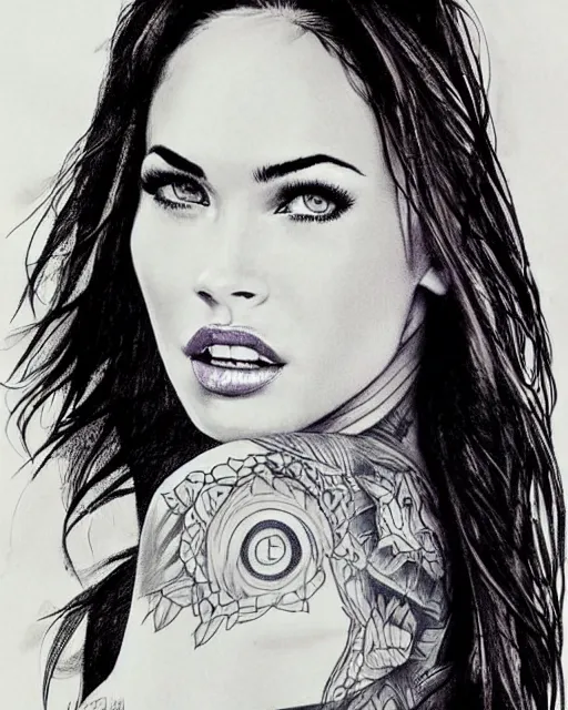 Prompt: realism tattoo design sketch of megan fox portrait blended with beautiful mountain scenery, in the style of dan mountford, double exposure photography, hyper realistic, amazing detail, black and white