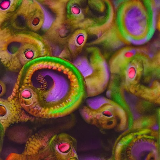 Image similar to fiery whimsical emotional eyes cephalopod, in a photorealistic macro photograph with shallow dof, in the deepest seas of the unconscious psyche