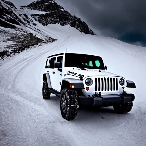 Image similar to white jeep wrangler driving up a steep snowy mountain cornice, high quality digital art, dramatic lighting, cinematic, photo realism