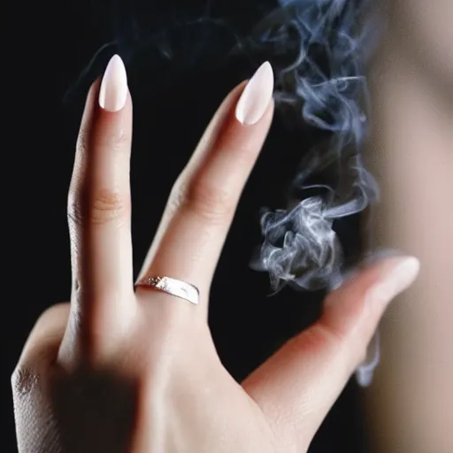 Image similar to a normal female hand with five fingers and ring hold joint, a cigarette between the middle and index fingers, a cigarette, smoke