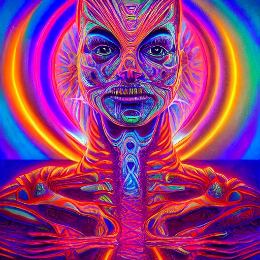 Image similar to a psychedelic painting of a dmt trip by alex grey, hyperrealistic, finely detailed, dramatic lighting, octane, unreal engine