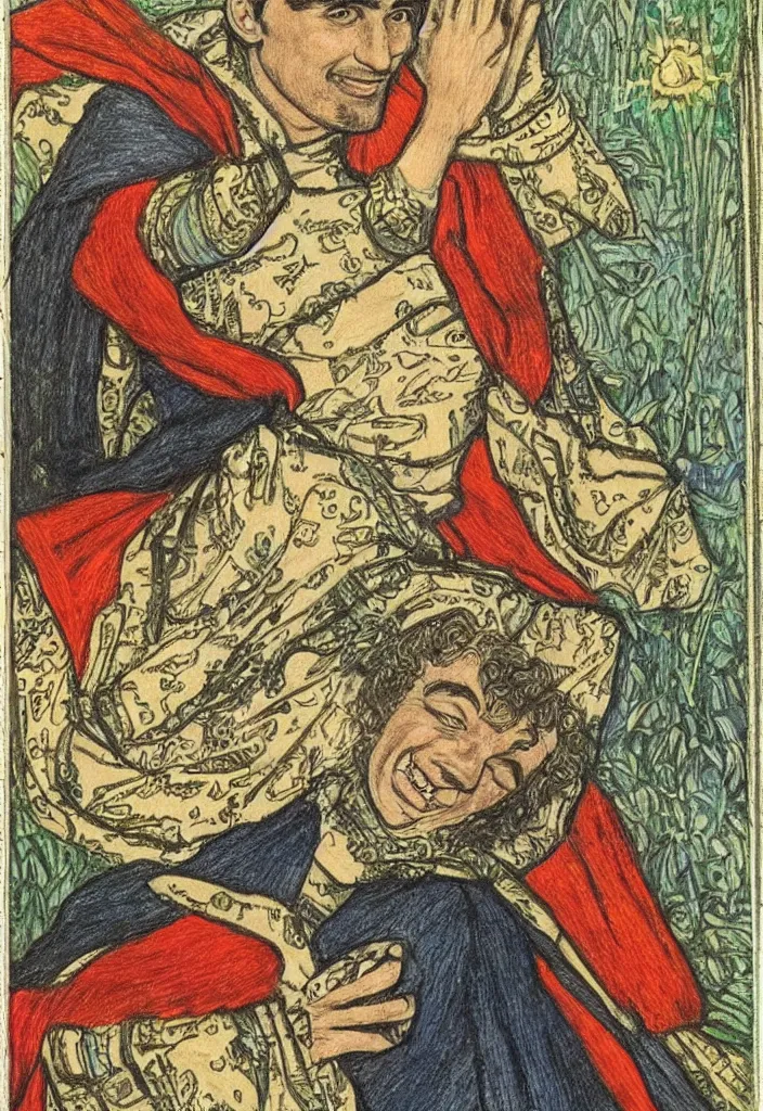 Image similar to Yoshua Bengio smiling drawn on the Tarot card. Illustration by preraphaelists.