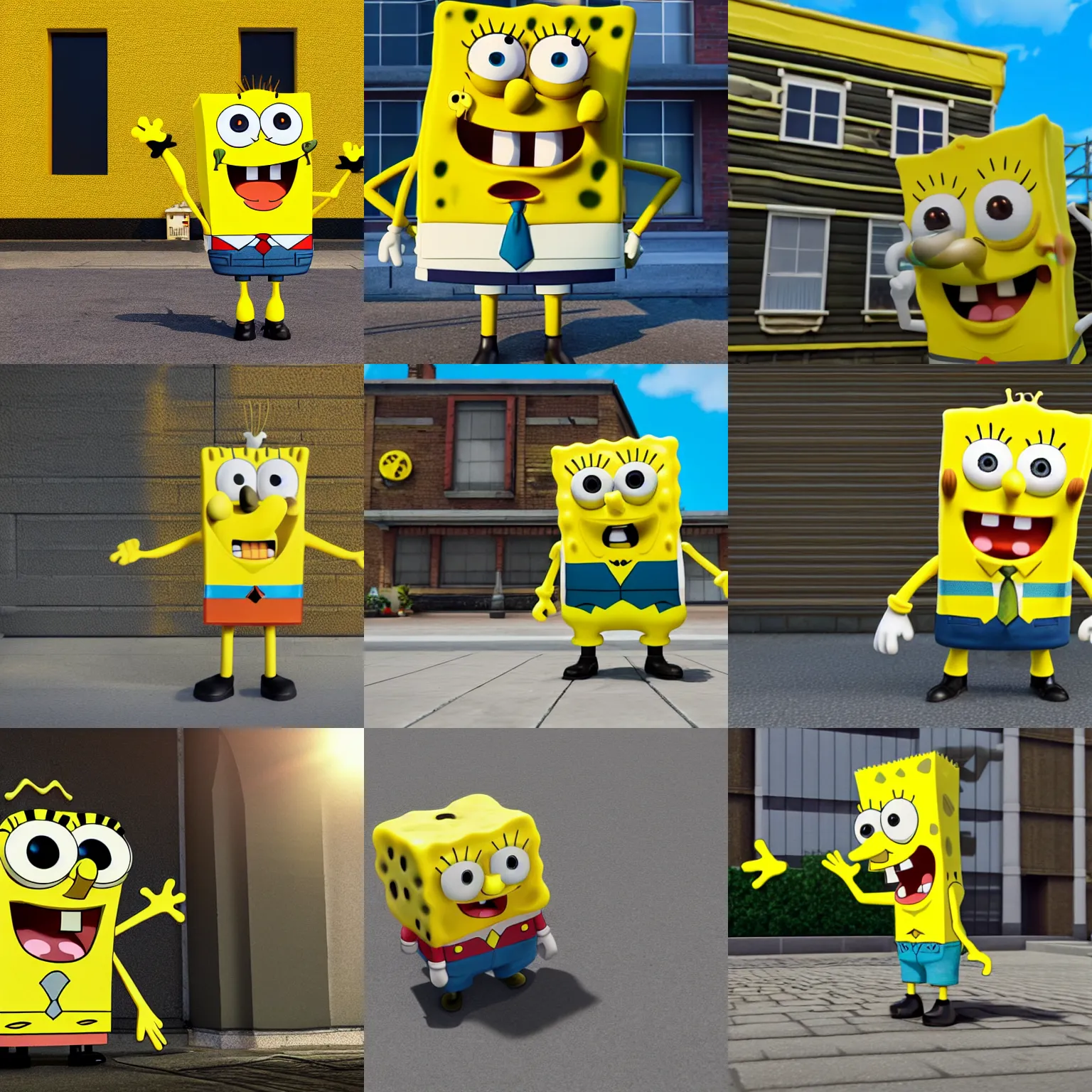 Prompt: a yellow spongebob character standing in front of a building, a raytraced image by senior character artist, cgsociety, photorealism, rendered in unreal engine, made of cheese, unreal engine