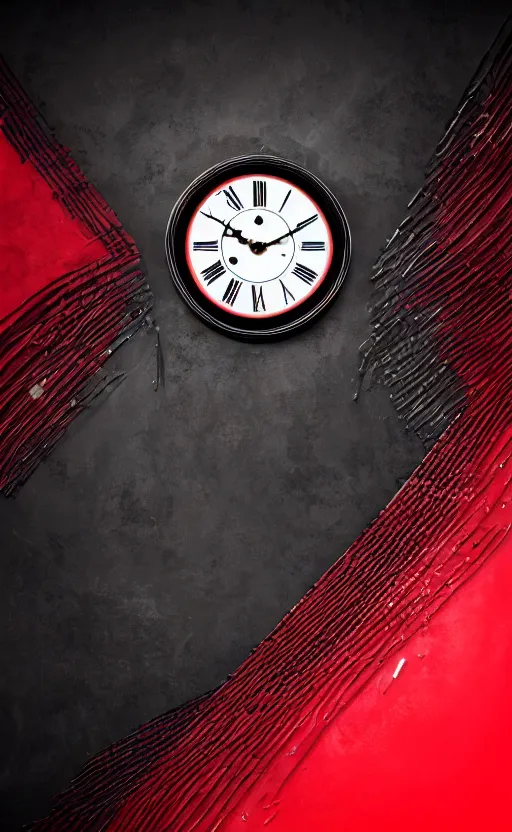 Image similar to a melting Roman numeral clock, behind a red and black gradient background, awith a black heart shaped on the top left corner and a black diamond card shape in the bottom right corner, dynamic lighting, photorealistic fantasy concept art, trending on art station, stunning visuals, cinematic, creative, ultra detailed