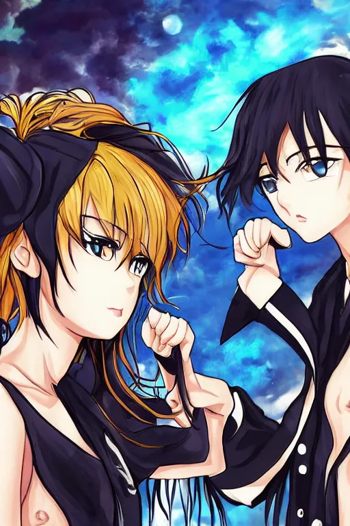 Image similar to a serious stare down between two rival idols, detailed anime art