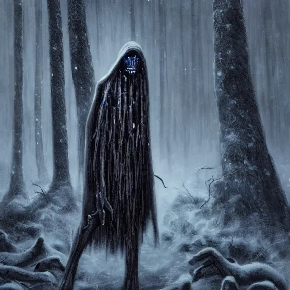 Prompt: cloaked humanoid wendigo feasting, nighttime located in a snowy dark forest, lurking horror, distant shot, dungeons and dragons, magic the gathering, forboding, high detail, oil painting, style of seb mckinnon