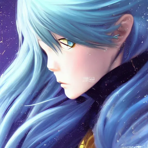Prompt: side profile of rimuru tempest looking down with sky blue hair, long hair, gold eyes, high collar, 3 5 mm, black jacket | shiny, highly detailed, rain, professional digital painting, concept art, award - winning photography, cinematic, wlop | art by pixiv art, yoshitaka amano, deviantart