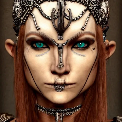 Prompt: a norse woman, facial piercings, very symmetrical, furry warrior's clothing, skull jewelery, highly detailed, by vitaly bulgarov, joss nizzi, ben procter, steve jung, concept art, concept art world, pinterest, artstation, unreal engine