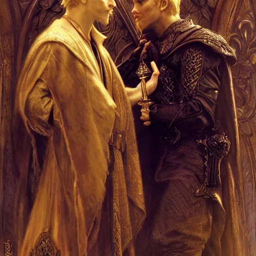 Image similar to stunning arthur pendragon in love with stunning male merlin the mage. they are close to each other. highly detailed painting by gaston bussiere, craig mullins, j. c. leyendecker