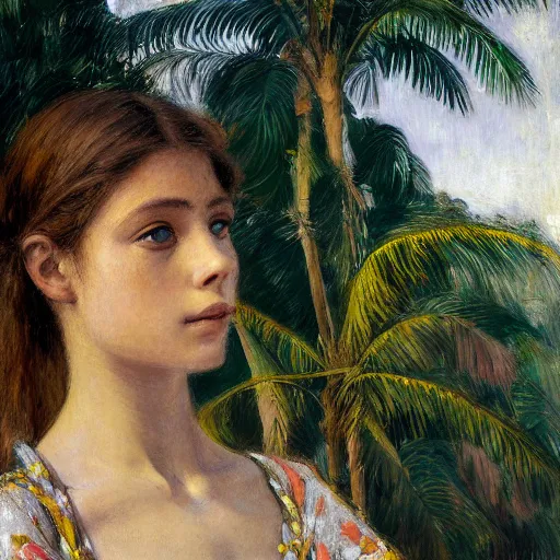 Image similar to a ultradetailed beautiful painting of a girl in the amazonas palace balustrade designed by jules bastien - lepage, tarsila do amaral, frank weston and gustave baumann, beach, trending on artstation, mediterranean, palm trees, hyper detailed face, sharp focus, soft light, 8 k 4 k