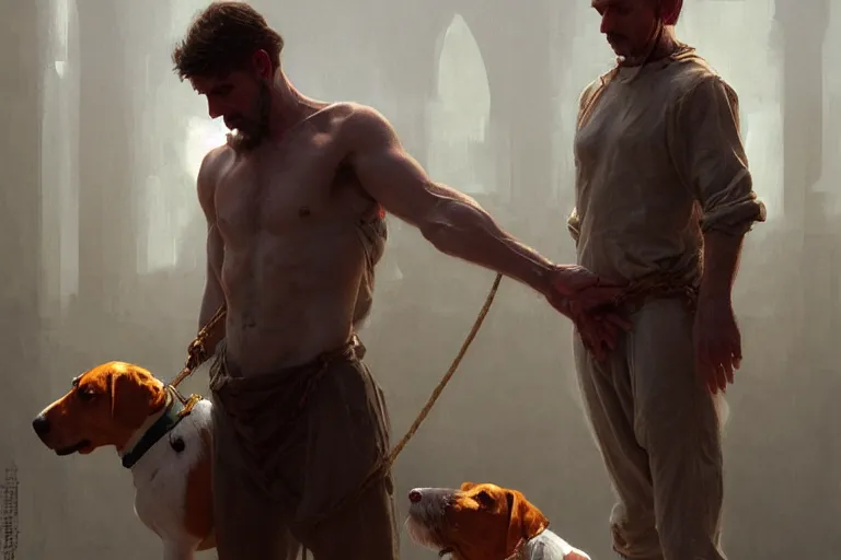 Image similar to a man tied to a pillar and jack russel terrier pissing on him, highly detailed, hyperrealistic digital painting, artstation, concept art, smooth, sharp focus, illustration, cinematic lighting, art by artgerm and greg rutkowski and alphonse mucha