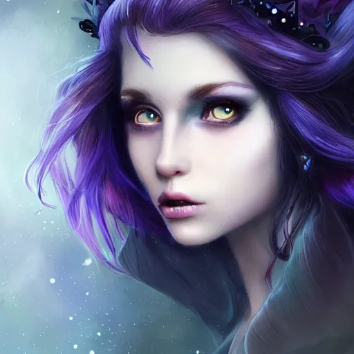 Image similar to detailed portrait of a dark fairy queen, crown, pixie, iris, realism, pale blue, emerald, galaxy, sapphire,dark purple crown,leaves, moonlit, dark fantasy, dramatic lighting, cgsociety, artstation