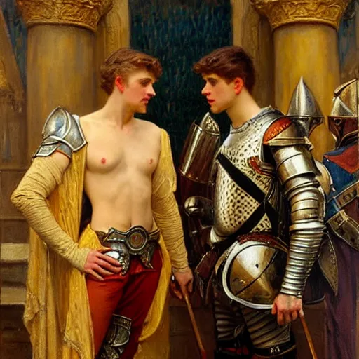 Image similar to attractive fully clothed arthur pendragon confesses his love for his attractive fully clothed male knight. highly detailed painting by gaston bussiere and j. c. leyendecker 8 k