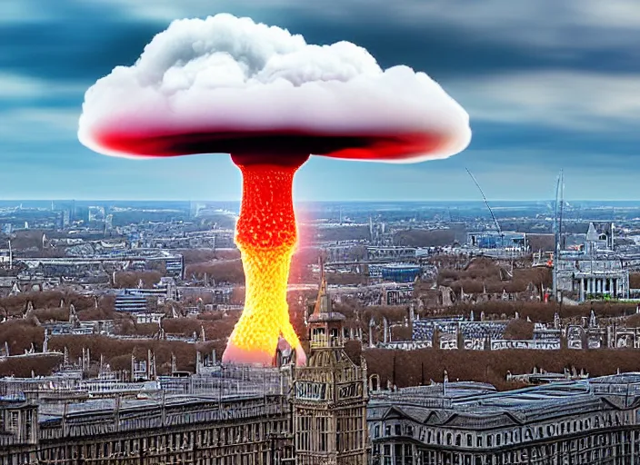 Image similar to nuclear mushroom cloud over london, 8 k, sharp detail, depth of field