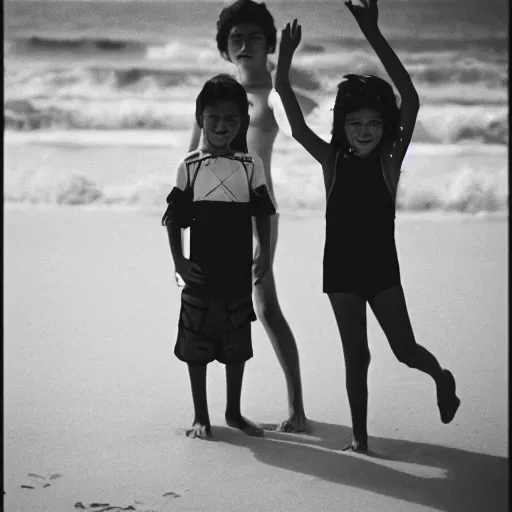 Prompt: kids on halloween costumes in copacabana beach, rio de janeiro, 8 0 s, nostalgic photograph, 3 5 mm, iso 4 0 0, kodak