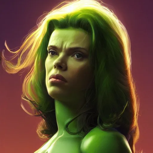 Image similar to she hulk, played by scarlett johannson, beautiful, cinematic, head and shoulders, trending on artstation, digital art, hyper realistic, striking pose, by greg rutkowski