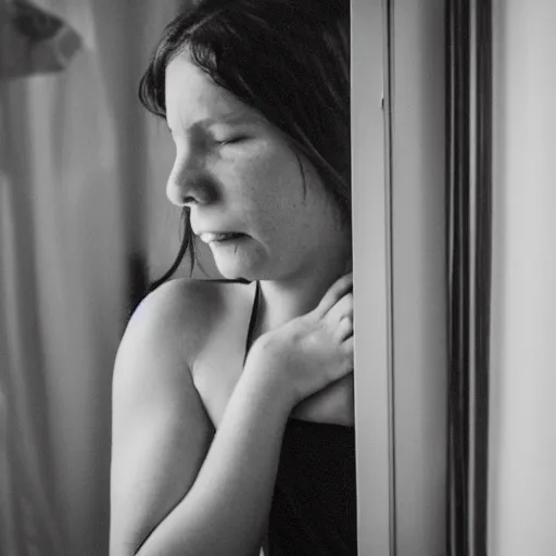 Image similar to black and white photograph of a girl crying into her arms in front of a bathroom mirror