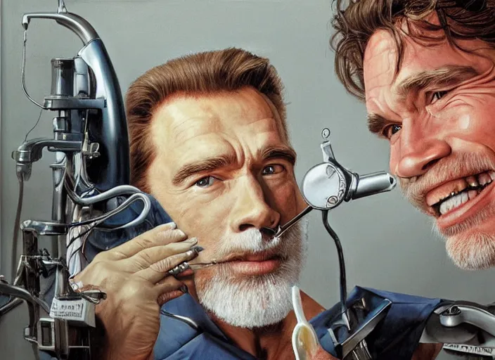 Image similar to a highly detailed arnorld schwarzenegger portrait of a dentist, james gurney, james jean