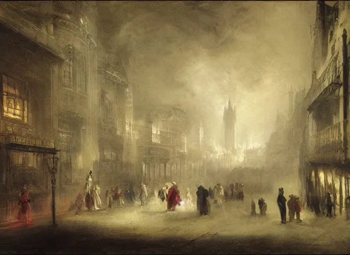 Image similar to 1 9 th century london, art by thomas lawrence, robert rubert and john martin, dark, night, gas lights, floor fog, coherent composition,