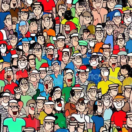 Image similar to waldo in a crowd hand drawn cartoon busy city scene with lots of people doing activities and not paying attention comic antics goofy