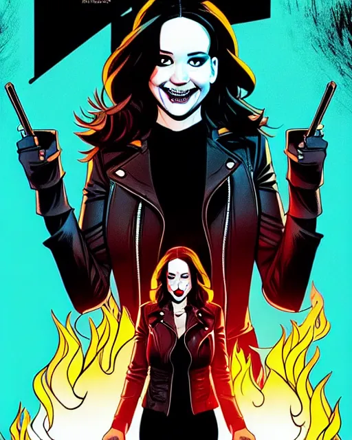 Prompt: Rafael Albuquerque comic cover art, Jennifer Lawrence with sharp vampire teeth, sarcastic smile, brown leather jacket, jeans, extra long hair, full body, building on fire, cool colors, detailed, 4k