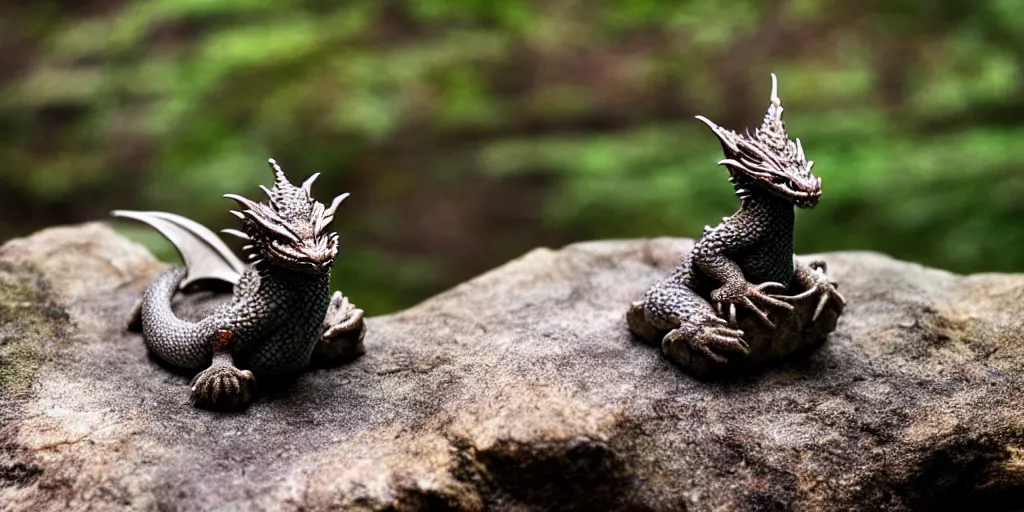 Image similar to A small dragon sitting on a rock, woodland creek, realistic.