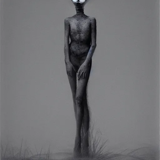 Prompt: elle fanning in prey in style of zdzisław beksinski, standing in wasteland, horror art, creepy, desolate,