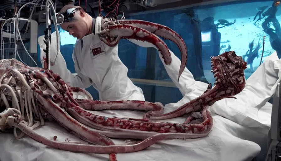 Image similar to Big budget horror movie: in an undersea biolab, a cyborg does an autopsy while being watched by a giant squid