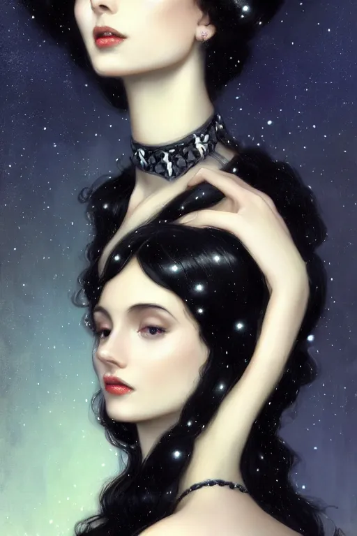 Image similar to Nocturne, glowing, stars, a long-legged elegant sultry woman, long black hair, pearl choker, snow white, highly detailed, mysterious, ethereal, dressed in black velvet, haute couture, illustration, dramatic lighting, soft details, painting, by Edmund Blair Leighton, Brom, Charlie Bowater, trending on artstation, faces by otto schmidt